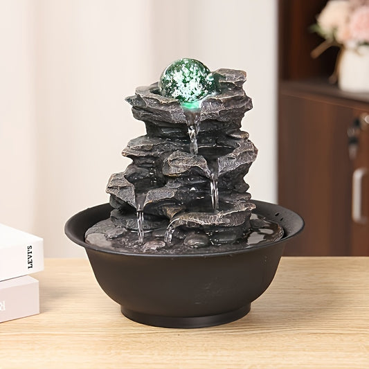 USB-Powered Rotating Sphere Rock Cascading Desktop Fountain, Zen Meditation Indoor Waterfall Feature, With LED Lights, For Home Office Bedroom Decor